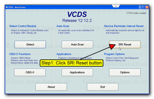 Shows VCDS front screen with arrow pointing to SRI reset button